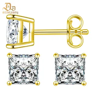 Delzzad 14K Gold-Plated Princess Cut Studearrings D Color VVS Synthetic Moissanite S925/Copper Stud Unisex Earrings Jewelry Engagement Wedding Anniversary Christmas Gift for Men Women