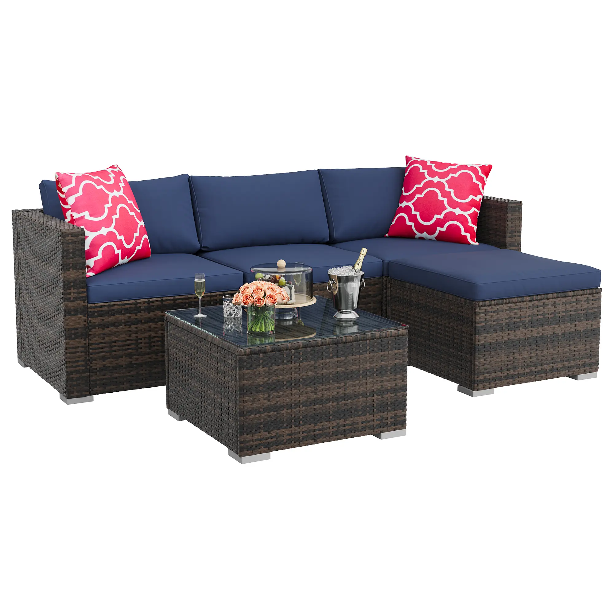 Brown four-line rattan + navy blue cushion + red pillow