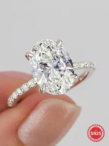 S925 Sterling Silver Oval Shaped Zirconia Ring, Fashion Engagement Rings, Fashion for Women, Trendy All-match & Exquisite Jewelry for Birthday Gift