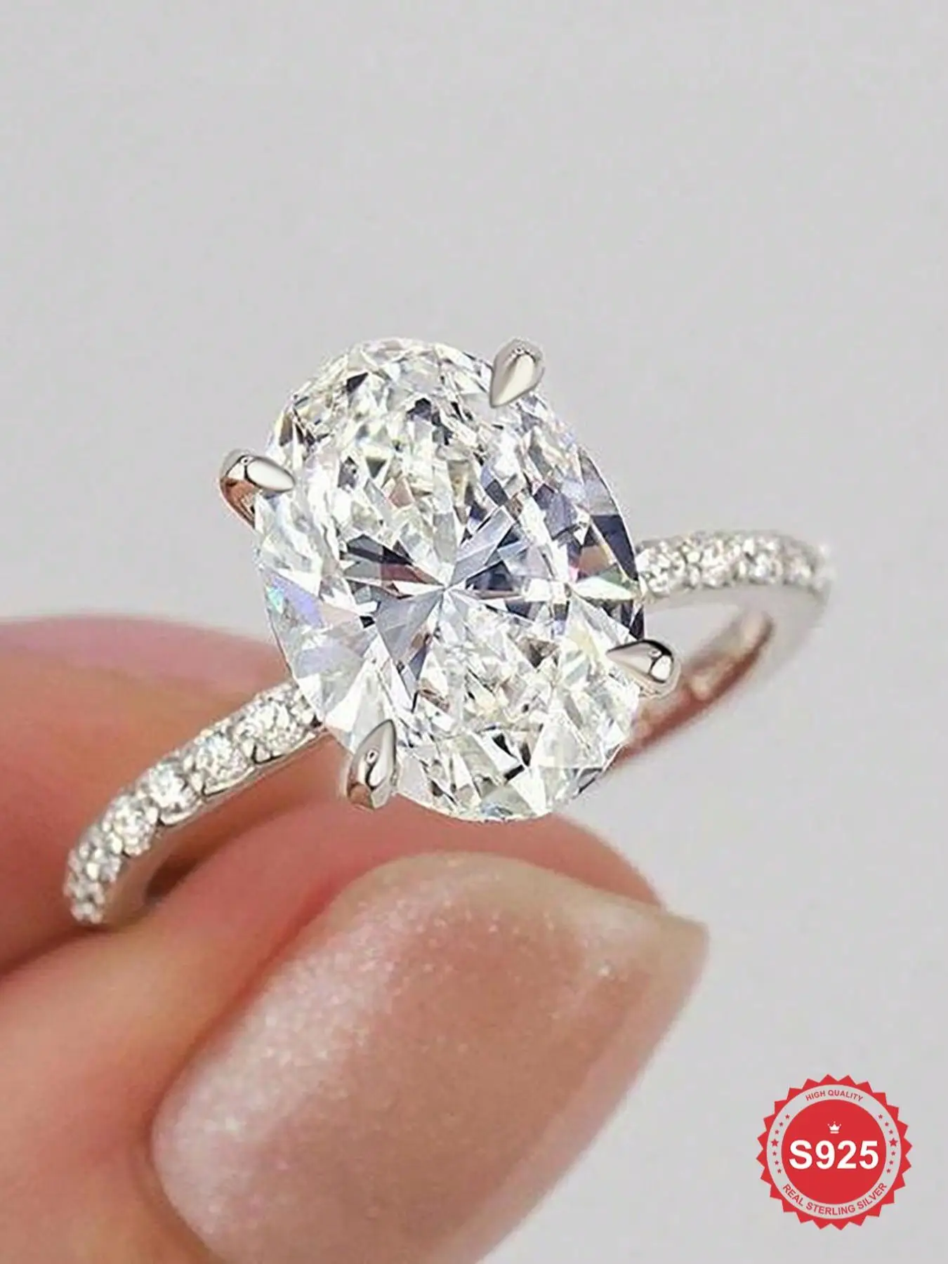 S925 Sterling Silver Oval Shaped Zirconia Ring, Fashion Engagement Ring for Women, Trendy All-match & Exquisite Jewelry for Birthday Gift