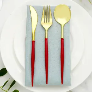 24-Pack Plastic Flatware Set 8" Gold with Red Handle - Modern Heavy Duty Disposable Silverware