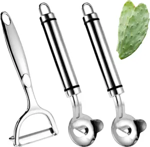 3pcs Cactus Peeler Tools, Stainless Steel Cactus Peeling Knife and Peeler Spoon, Long Handle Pelador de Nopales, Sliced Noodle Vegetable Paring Cutter with Hole for Kitchen Cooking Gadgets
