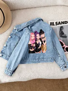 Girls' Casual Fashion Denim Letter Jacket, Sweet Cool Kpop Pattern Print, Comfortable Fit, Suitable for School and Dates, Ages 12 and Under