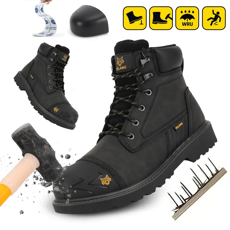 Men's Anti-smash& Anti-puncture Steel Toe Work Boots Fashionable Non-slip Oil-proof&Wear-resistant Work Shoes Lace Up Hight Top Safety Shoes