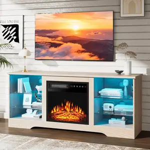 [2 Packages Shipping]Fireplace TV Stand - With 18" Electric Fireplace Heater & Remote Control, 58" TV Media Console With Glass Shelves And Storage For Living Room,Thanksgiving,Christmas  Gift