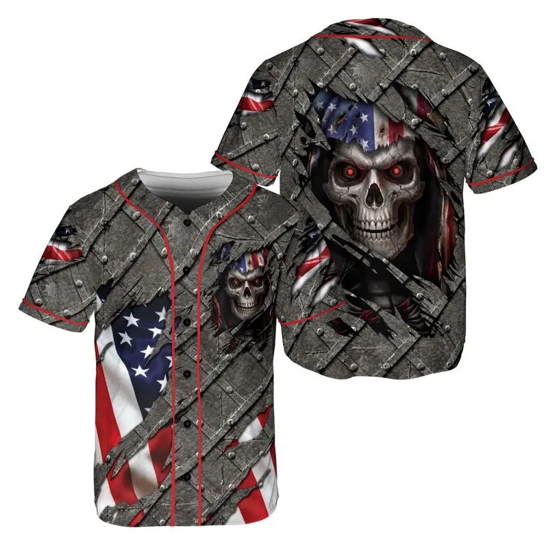 Patriotic Skull Baseball Outfit, Custom Name Number Horror Jersey, USA Flag Battle Style Team Wear, Gift for Skull Fans