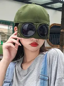 Unisex Casual Trendy Baseball Cap with Pilot Goggles Design, Retro Style Baseball Cap with Tree & Letters Label, Fashionable Hat for Men & Women for All Season, Fitted Baseball Cap