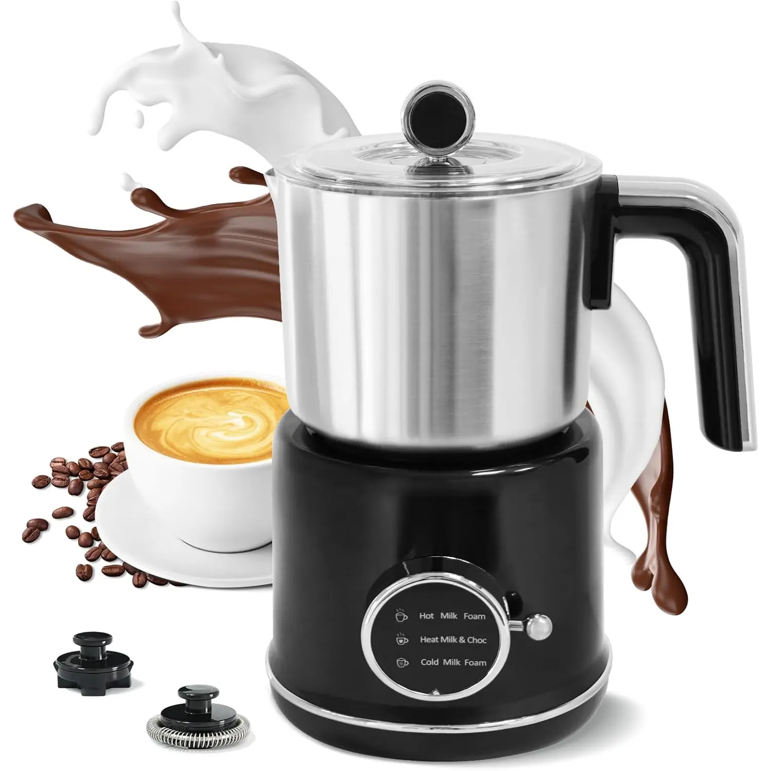 Milk Frother Warmer 3in1 Electric Milk Steamer Stainless Steel  Maker, 12oz Hot Cold Frothing, Thick  for Macchiatos, Cappuccinos (Black)