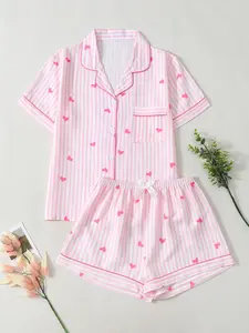 Women's Striped Butterfly Knot Sleepwear Set, Short Sleeve Shorts, Casual Fitted Homeewear, All Seasons Comfortable Pyjamas, Homewear, Pjs, Loungewear, Pockets, Pajama Set, Pajamas, Nightwear Lounge Set, Womenswear