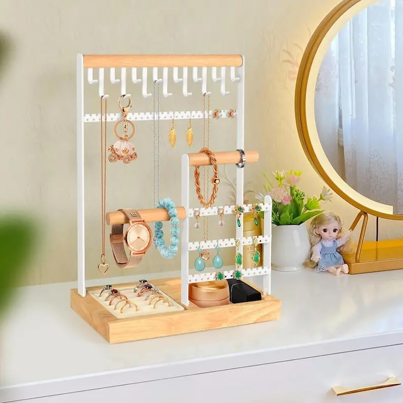 Jewelry Organizer Stand with Ring Tray, 15 Necklace Hooks, Wooden Bracelet & Metal Watch Holder, Earring Display Rack Gift for Women Girls