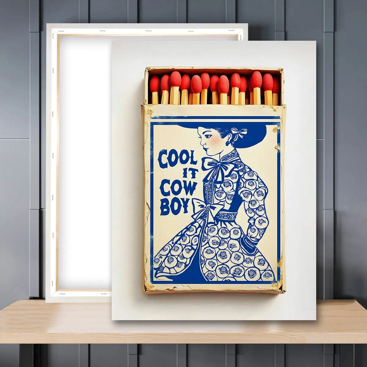 1pc Wooden Framed, Cool It Cowboy Matchbook Print Poster, Coastal Cowgirl Millennial Granddaughter Toile, Western Trendy Wall Art Canvas Painting, Ideal For Bedroom, Office, Living Room, Home Decoration, Instantly Enhance Your Space!