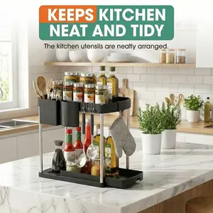 Kitchen Counter Organizer Multi Tier Storage Rack with Utensil Holder Hooks and Drain Tray Space Saving Desktop Shelf for Kitchen Bathroom Office Neat and Tidy Countertop Organization Spice Bottle Storage Stand Home Decor Solution