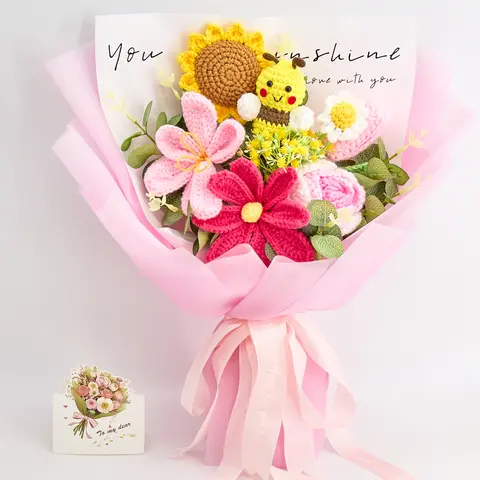 Handmade Crochet Flowers Bouquet Gift Ideas for Gift Season, Cute Bee Sunflowers Roses Pink Tulips Daisy Forever Flowers, Fall Birthday Anniversary Halloween Friendsgiving Thanksgiving Christmas Gift for Her Girls Kids, Greeting Card Home Decor