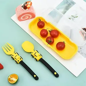 Colorful Toddler Tableware Set, 3Pcs Kids Fork and Spoon, Construction Utensils with Case, Self Feeding Baby Silverware, Travel BPA-Free for Boys Girls