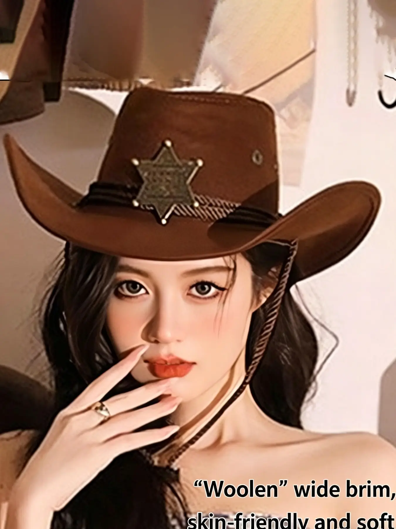 Sheriff Star Badge Cowboy Hat, Suede Western Style, Wide Brim, Adjustable, Retro Fashion Headwear for Men and Women