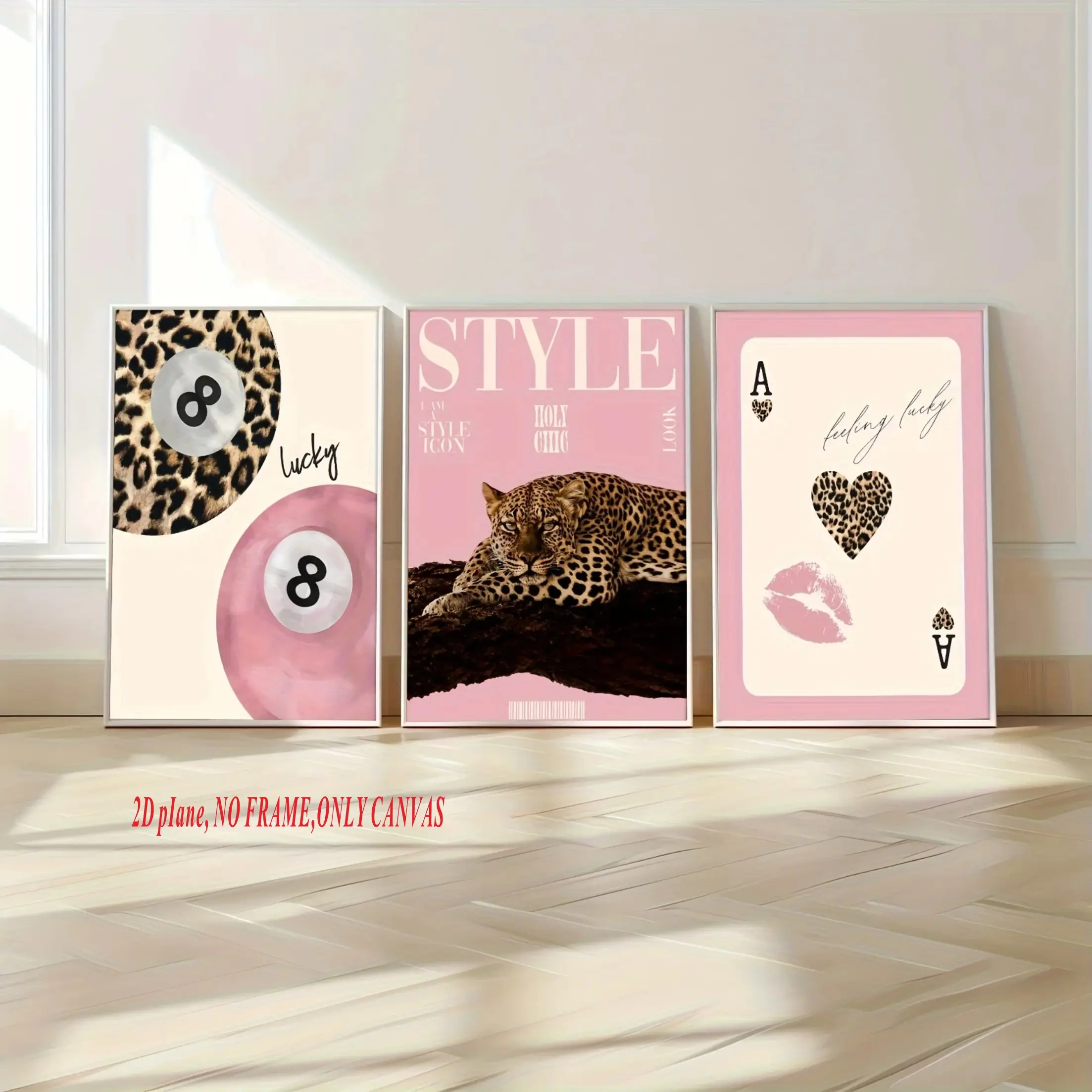 3-Piece Set, Fashionable Leopard Print Pattern with Cheetah Canvas Artwork, Pink Girls' Lucky 8 Ball Wall Art Poster, Modern Living Room Home Decor Wall Decoration Gift, Frameless Canvas Print, 2D Flat Artwork, Modern Art Design, Home Decor Products