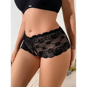 Women's Lace Boyshort Panties, Black Mid-Rise See-Through Lingerie with Plain Design and Bow Detail, Maternity Underwear