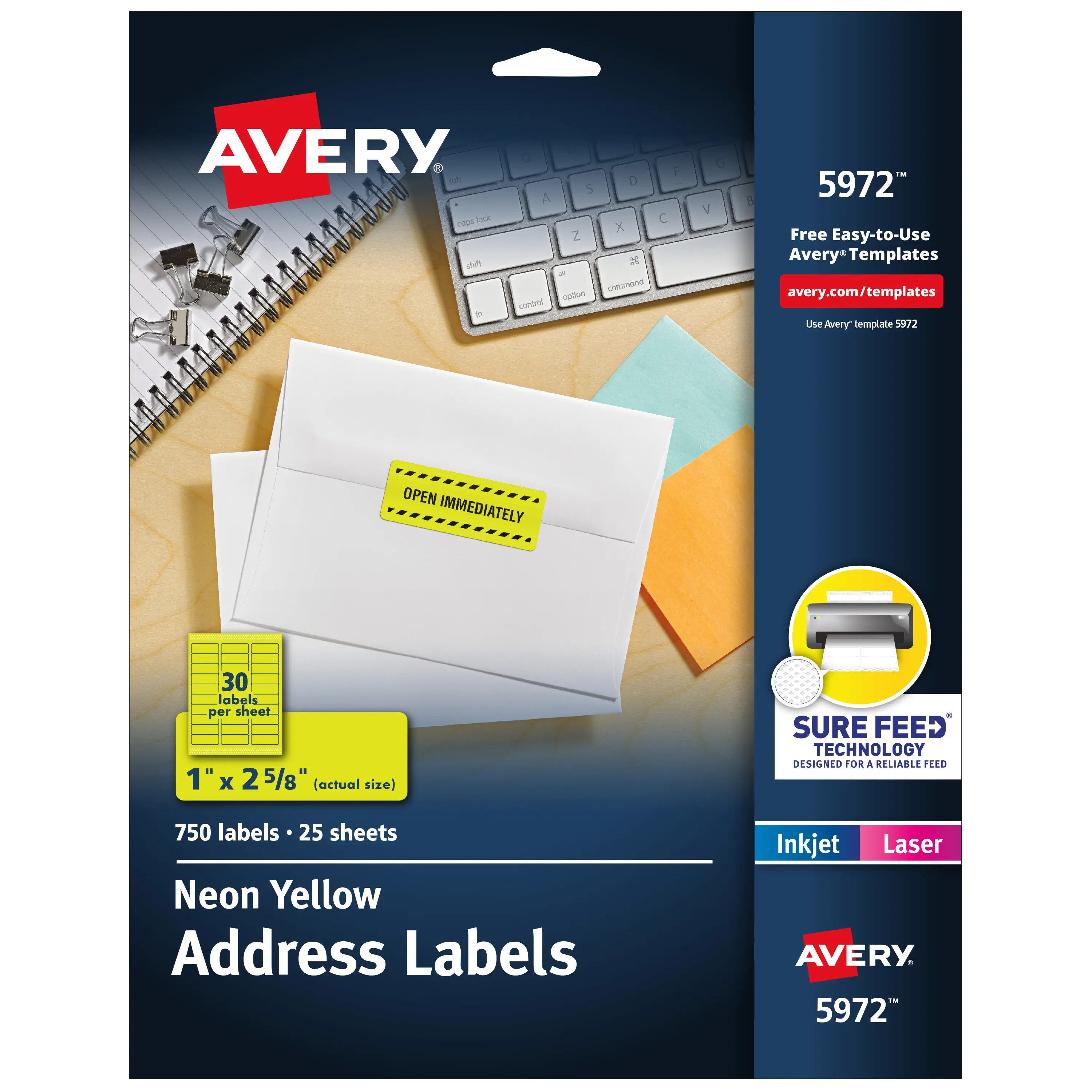 Avery Printable Address Labels with Sure Feed, 1" x 2-5/8", Neon Yellow, Laser & Inkjet Compatible, 750 Blank Labels Total, Great for Branding, Mailing, Organizing, and More (5972)
