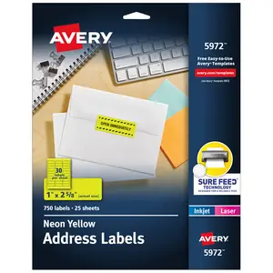 Avery Printable Address Labels with Sure Feed, 1" x 2-5/8", Neon Yellow, Laser & Inkjet Compatible, 750 Blank Labels Total, Great for Branding, Mailing, Organizing, and More (5972)