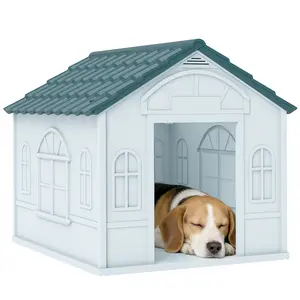 Plastic Dog House – Blue. Water-Resistant Slanted Roof + Cottage Windows. Snap & Lock Tool-Free Assembly. Air Ventilation. Fits Small/Medium Dogs Up to 44 lbs