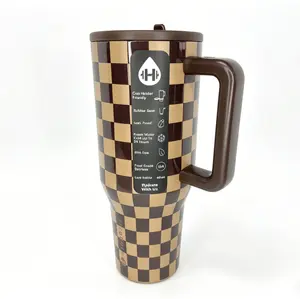 HydroJug Traveler 40oz Brown Checkered Tumbler - 24hr Cold, Leakproof, Cup Holder Friendly Retro Checkerboard 40oz Insulated Tumbler | HydroJug with Handle & Straw, BPA-Free Drinkware Mug