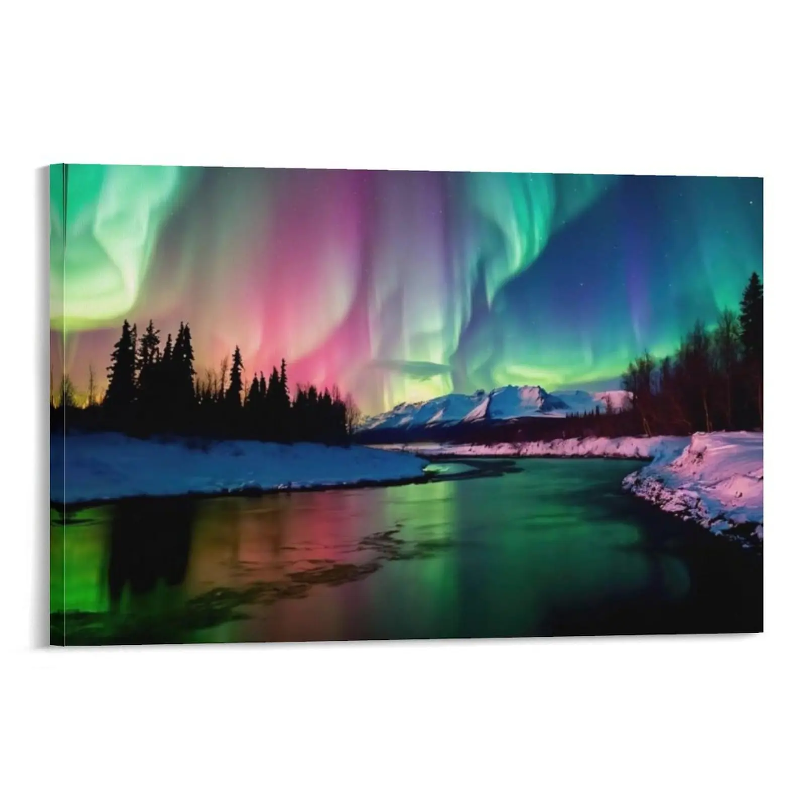 Aurora Borealis Artistic Canvas Prints - Fade-Resistant, Multi-Size Northern Lights Forest Mountain Landscape Wall Art, Pre-Hung Ready Home Decor for Bedroom, Office, Gift Ornaments
