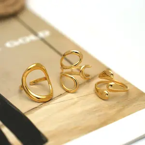 Geometric Hollow Line Open Ring for Women, 18K Gold-Plated Stainless Steel Adjustable Minimalist Jewelry