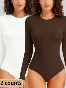 1/2 Counts Women's Basic Solid Round Neck Underwear Shapewear Bodysuit, Casual Comfort Slim-Fit Long Sleeve Ribbed Bodysuit, Shapewear for Spring & Fall, Women's Stylish Thermal Bodysuit for Indoor and Outdoor Wear, Comfortable Fabric