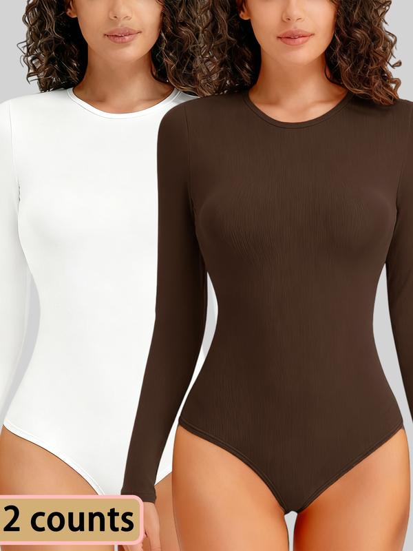 1/2 Counts Women's Solid Round Neck Shapewea Bodysuit,Casual Comfort Long Sleeve Slimming Bodysuit,Lady Tops for Spring&Fall,Womenswear，Women's Stylish Thermal Long Sleeve Bodysuit for Going Out Tops，Fabric Comfortable, Belly Control Bodysuit