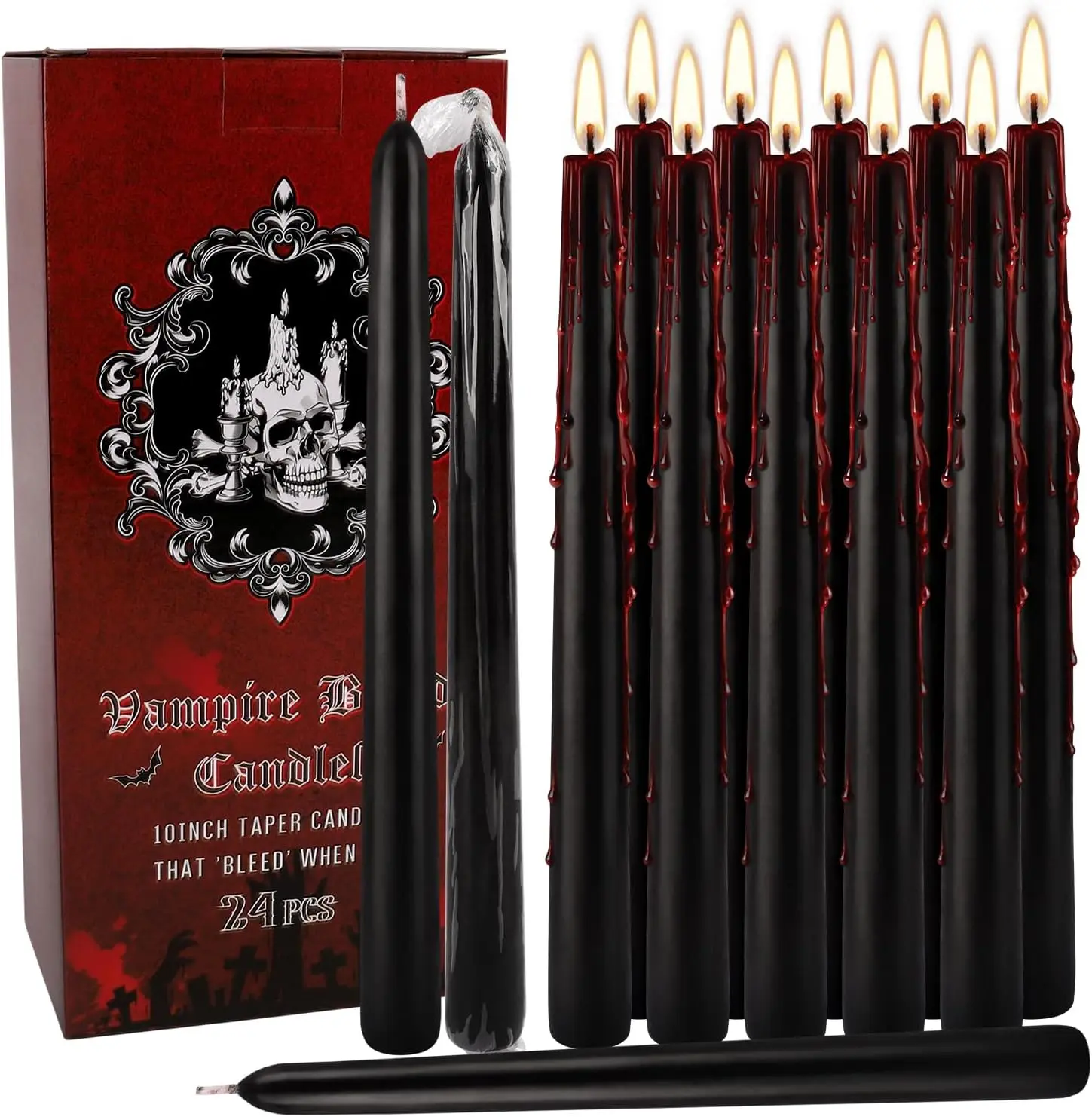 24 Pack 10-Inch Black Bleeding Taper Candles, Vampire Tears Dripping Effect Candles – Unscented Drip Style for Halloween, Christmas, Rituals, Gothic Wedding & Themed Party Decor
