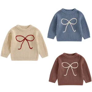 Toddler Baby Girl Knit Sweater Cute Bow Embroidery Chunky Warm Knitted Long Sleeves Pullover Sweatshirt Fall Winter Knitwear