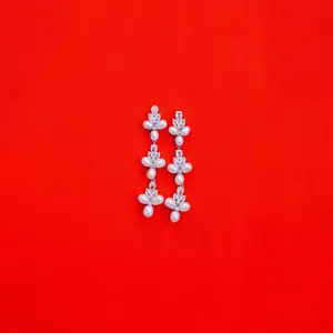 Pearl Dangle Bridal Earrings, Pearl Dangle Wedding Earrings, Pearl CZ Linear Bride Earring, Pearl CZ Wedding Jewelry, Triple Pearl Dangle