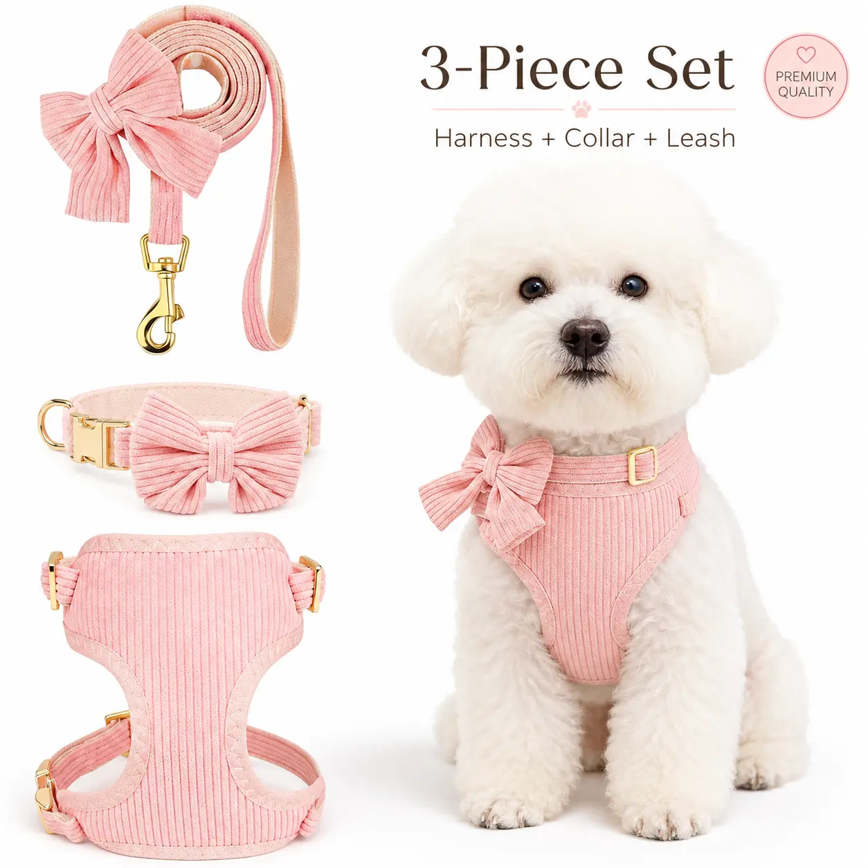 Cute 3-in-1 Small Dog Harness, Collar and Leash Set with Bow, Soft Breathable Mesh Adjustable Puppy Walking Set for Chihuahua Yorkie Poodle