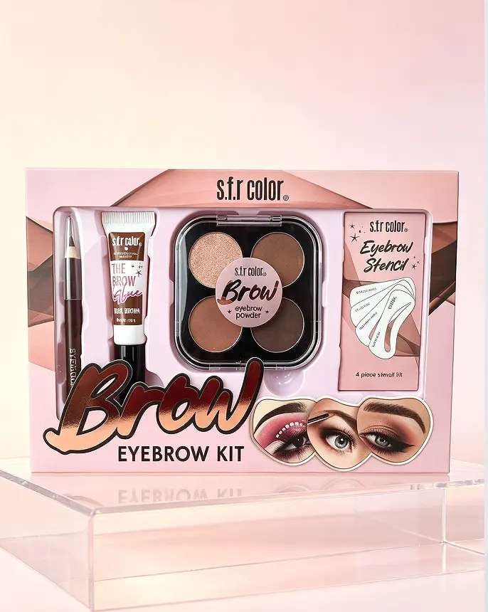 All In One Eyebrow Makeup Kit S.F.R Color 3 Shades Brow Powder + Long Lasting Brow Glue + 4Pcs Eyebrow Stencils Waterproof Natural Defined Brows Cosmetic Set For Daily & Party Makeup