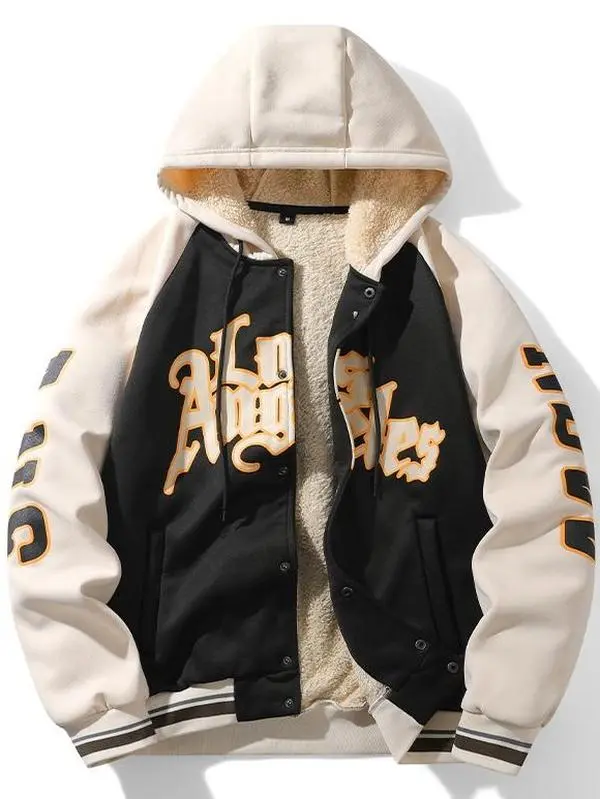 Men’s raglan color-block hooded baseball jacket with a non-removable hood, featuring a thick fleece lining for warmth in winter; aviator-style varsity streetwear jacket with vintage Los Angeles gothic foam letter print.