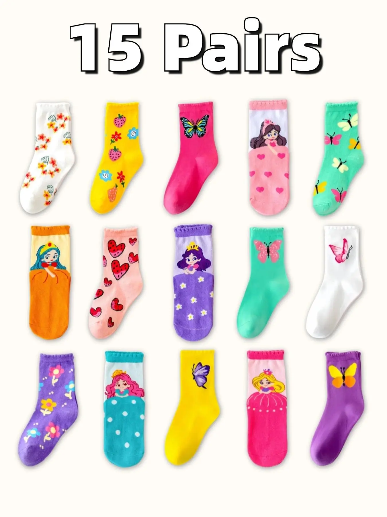 Girl's Butterfly & Heart & Flower Print Crew Socks, Cute Comfy Breathable Socks for Daily Wear, Kids Socks for All Seasons