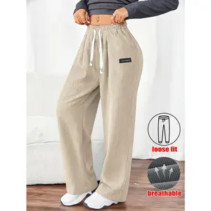 Women's corduroy drawstring wide leg casual pants High waisted loose straight tube velvet lazy style pants Multi color versatile retro corduroy drape wide leg pants