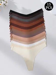 15PCS Women's Hipster Thongs Set,Drop-Waist Seamless No Show Design, Plain Color Fitted Style, All-Season Comfortable Underwear