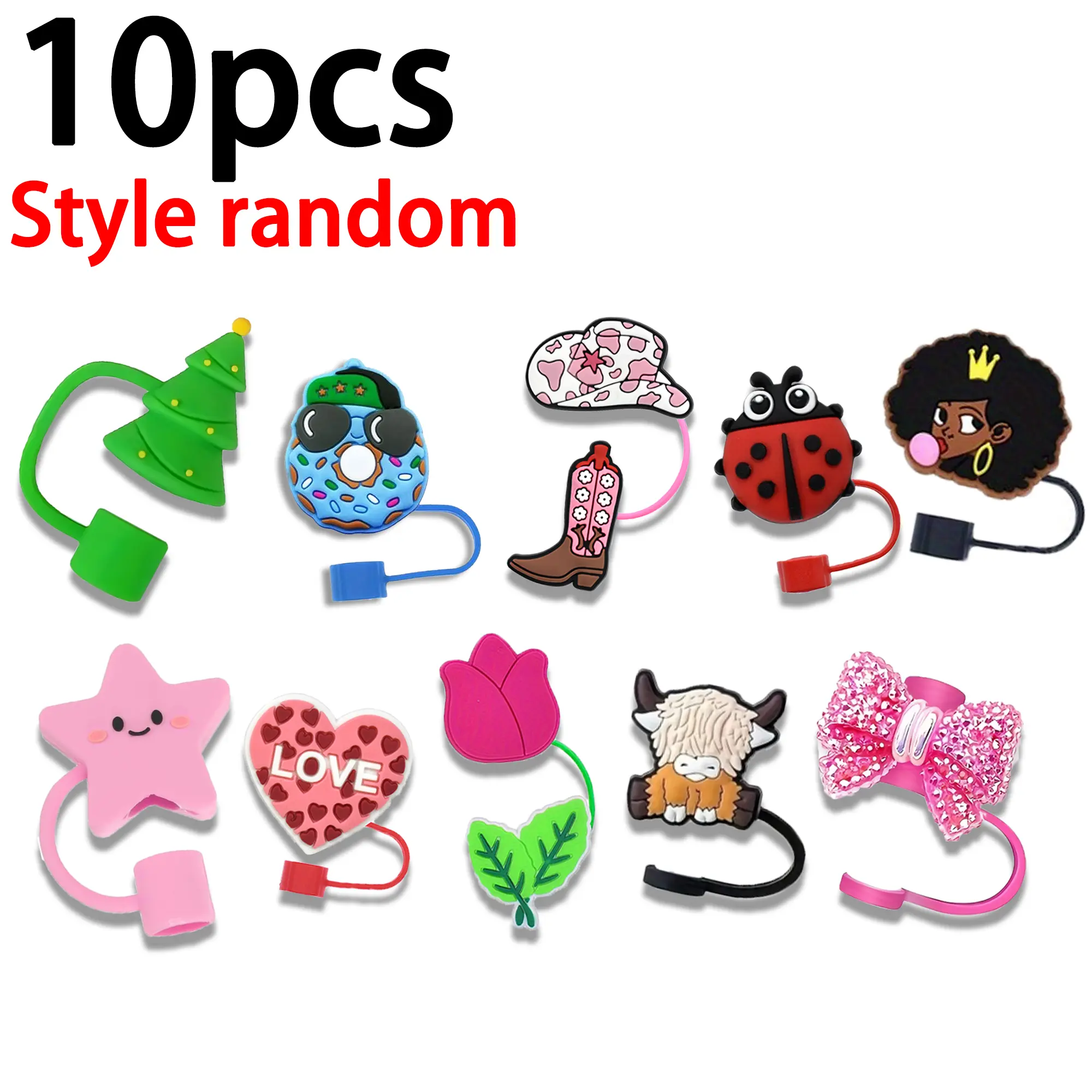Reusable Straw Caps Set, Straw Spout Lid, Silicone Spout Cover, Straw Covers, Straw Topper, Fits 10mm Straws, Random Patterns, Ideal Party Favors, Includes 3D & 2D Styles, Not Included Cups or Straws