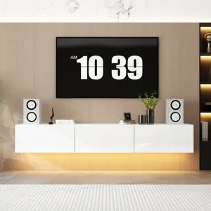 FUFU&GAGA Modern 63" Floating TV Stand High Gloss White Console with LED Lights & 3 Drawers Wall Mount Media Console for Living Room 13.8"D x 63"W x 9.8"H