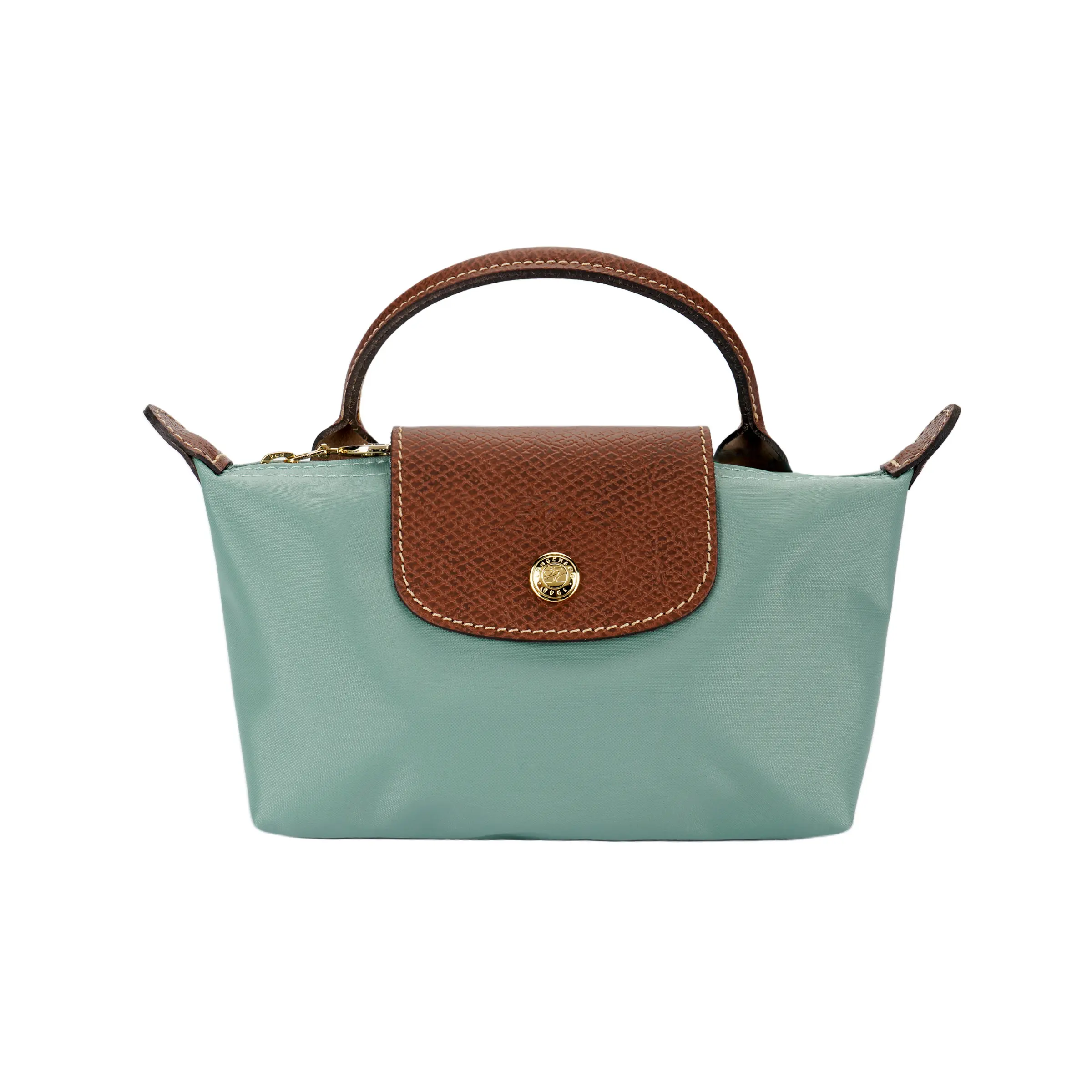 LONGCHAMP Le Pliage Leather-Trimmed Nylon Tote Bag for Women in Celadon, Soft Leather Tote