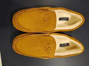 Lands' End Men's Classic Flat Suede Moccasin Slipper Footwear - Suede Material, Fur Lined, Monogrammed, ESD, Slip-On Convenience, Size 12 Shoe