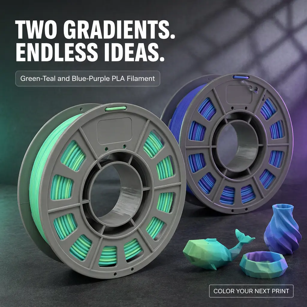 2 Pack Cool Tone Gradient PLA 3D Printer Filament, 1.75mm Diameter, Green-Teal & Blue-Purple Color Shift Spools, Tangle-Free Smooth Winding, Seamless Layers for Galaxy & Ocean DIY 3D Printing Art individually vacuum