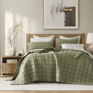 Harbor House HHD14-1924 Linen Garment Washed Quilt Set, Olive Green - King & California King Size