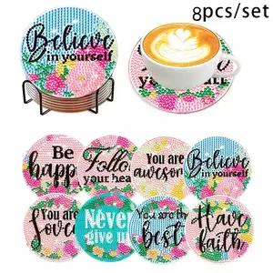 8 Piece DIY Diamond Painting Wooden Coaster Set, Letter Pattern Mosaic Tea Cup Mats, Christmas Anti-Slip Decorations, Holiday Decoration, Diamond Painting Coasters
