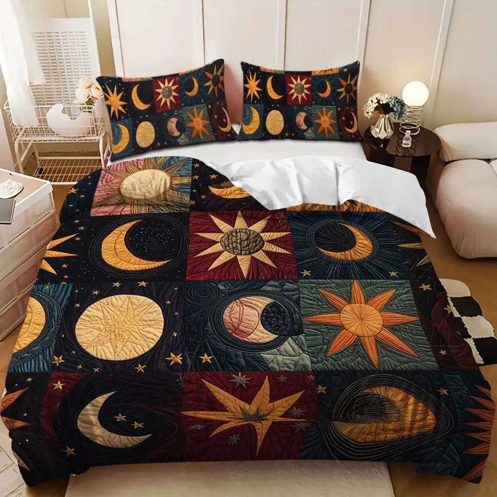 Bedding 3-piece set - 3PCS,Blue and purple star, moon and sun geometric patchwork down comforter set (1 comforter cover + 2 pillowcases, filling not included). soft and comfortable, suitable for family bedrooms, Decorative Bedding Set, Bed Sets