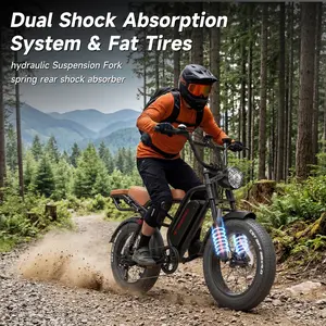 Ranger adult electric bicycle, peak 1500W, 20AH removable battery, range 50 miles, top speed 31MPH, 7-speed, dual suspension system and dual hydraulic brakes, 20×4.0 wide tires, dual suspension system and dual hydraulic brakes, off-road riding