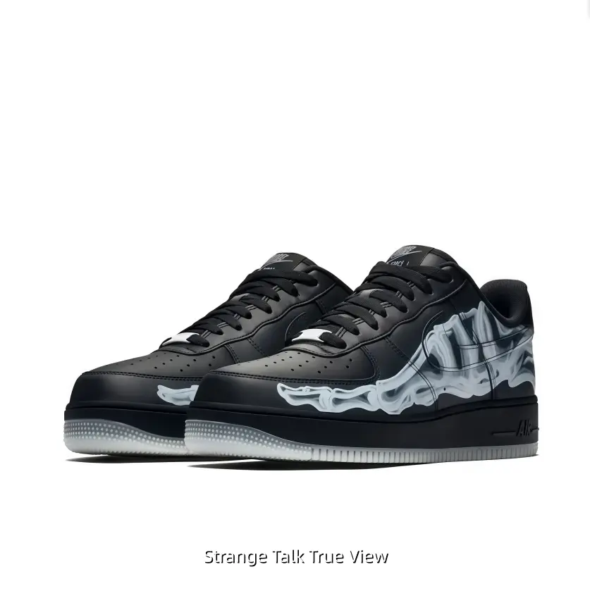 All Black Translucent Skeleton Print Leather Low Profile Casual Sneakers For Men Gothic Daily Street Flat Trainers