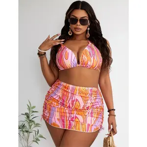 Tan Lines Women's Plus Size 3 Piece Bathing Suit – Halter Top Bikini Set, Ruched Drawstring Skirt Cover Up, Tummy Control Swirl Print Swimwear