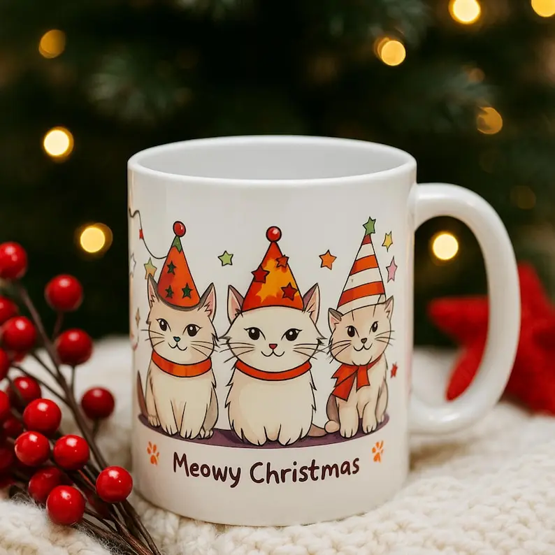 Meowy Christmas Mug, Cute Cat Christmas Gift, Funny Holiday Coffee Cup for Cat Lovers, Festive Kitty Mug, Cozy Winter Cat Lover Gift